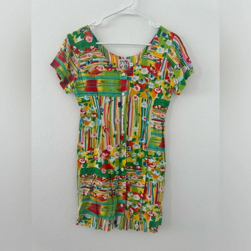 JAMS WORLD Colorful Floral Patchwork Button Front Scoop Neck Short Dress Size 5